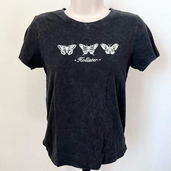 Hollister Butterfly Baby Tee Embroidered T Shirt Short Sleeve Top Faded Black XS - Picture 7 of 7